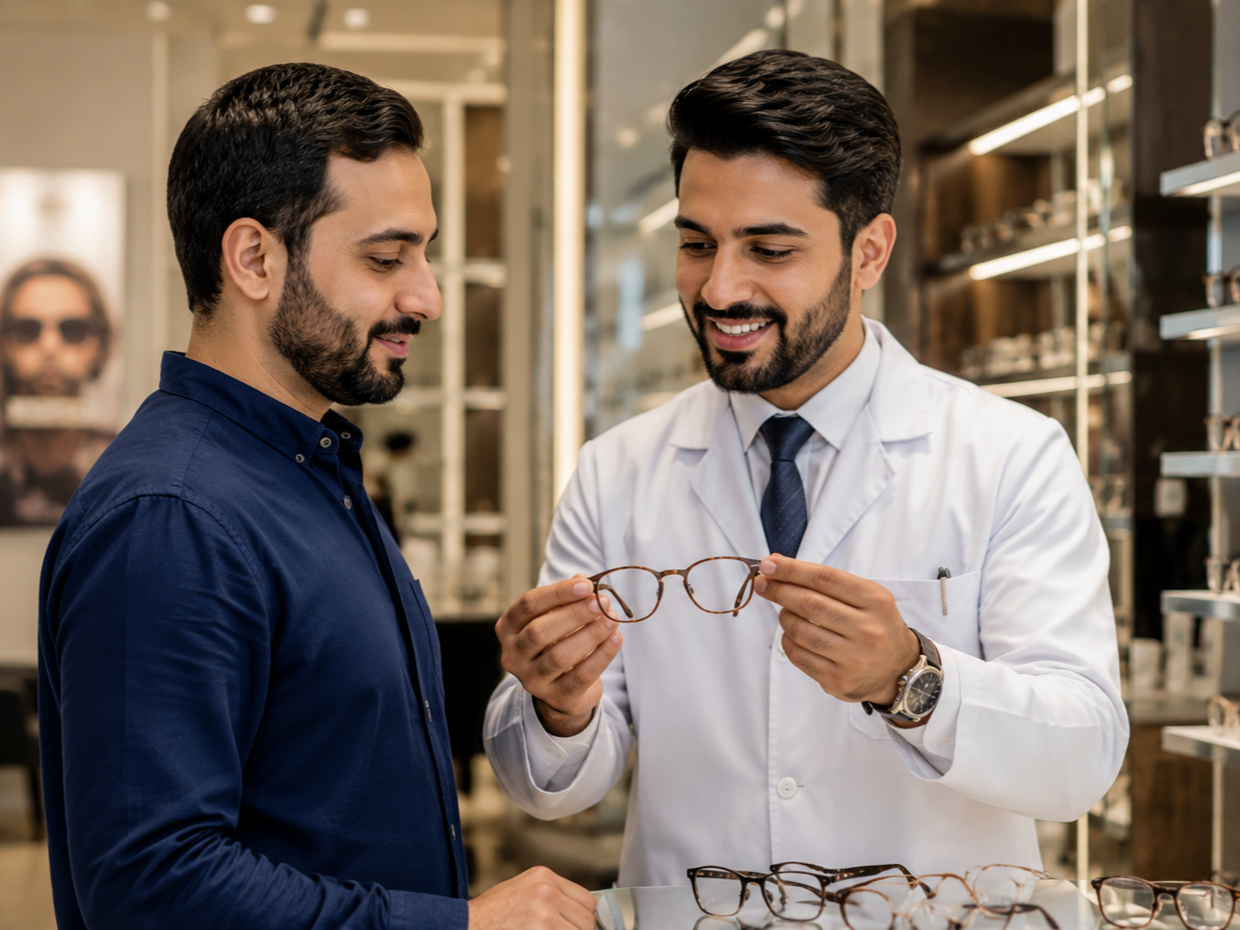 Optical consultant presenting eyewear solutions to business professionals